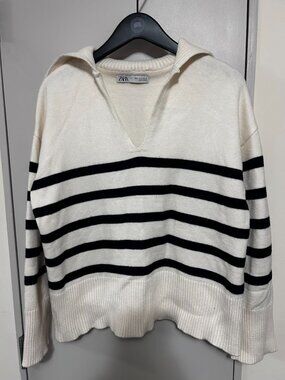 Zara White Navy Striped Knit Sweater Fold Over Hood Women's S